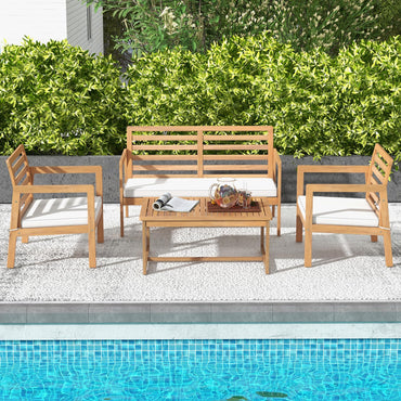 Ensemble de conversation d'extérieur 4 pièces en bois Tangkula avec coussins d'assise