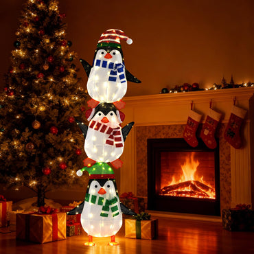 Tangkula 6 FT Christmas Lighted 3 Stacked Penguins Decoration Xmas Penguins with 156 Warm White Lights