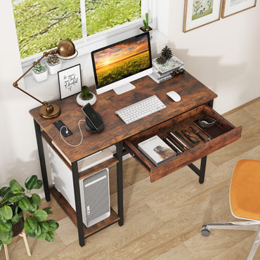 Tangkula Bureau informatique avec station de charge, 101 cm, bureau industriel pour la maison avec tiroir et étagère réglable