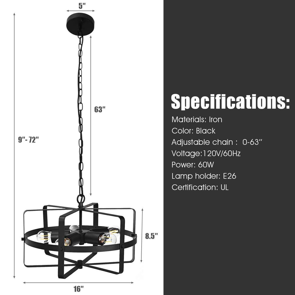 Tangkula 5 Lights Chandelier, Industrial Style Drum Shape Round Ceiling Lamp with Adjustable Hanging Chain & 5 E26 Lamp Holders