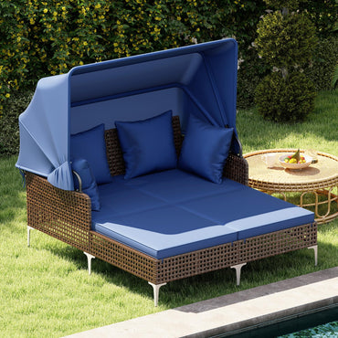 Tangkula Outdoor Rattan Double Daybed with Metal Support for Backyard