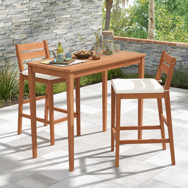 Ensemble de bar 3 pièces en bois d'eucalyptus Tangkula pour patio, ensemble table et chaises de bar d'extérieur avec coussins