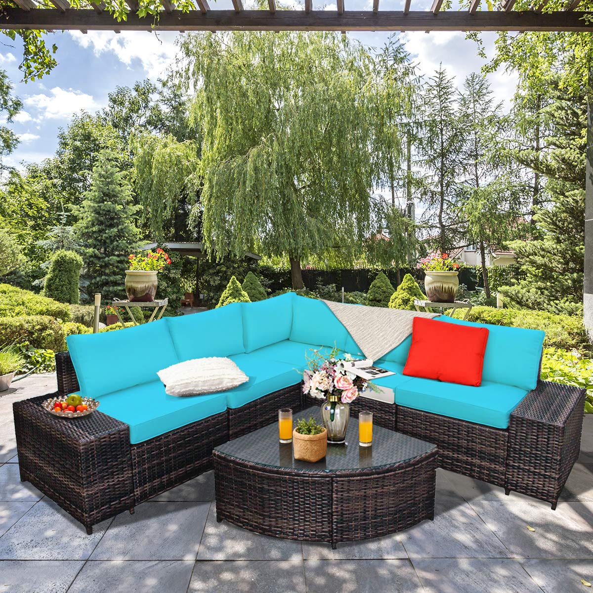 Tangkula 6 Piece Wicker Patio Furniture Set for Backyard