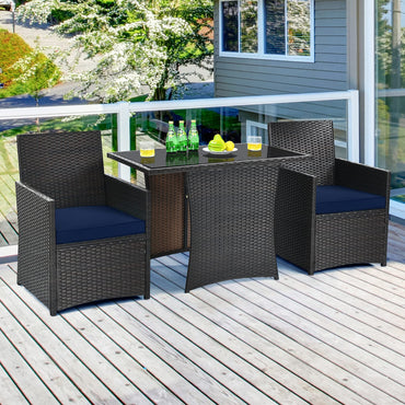 3 Pieces Patio Dining Set, Space-Saving PE Rattan Bistro Set with Tempered Glass Top Table and Cushioned Chairs