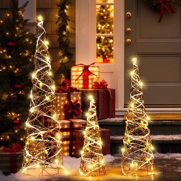 Tangkula Set of 3 Lighted Christmas Rattan Cone Trees, Holiday Decorative Trees with LED Lights and Metal Frame