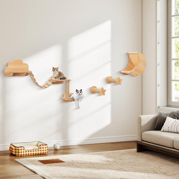 Tangkula Cat Wall Shelves | 6 Pieces Wooden Wall Mounted Kitten Furniture Set with Hammock