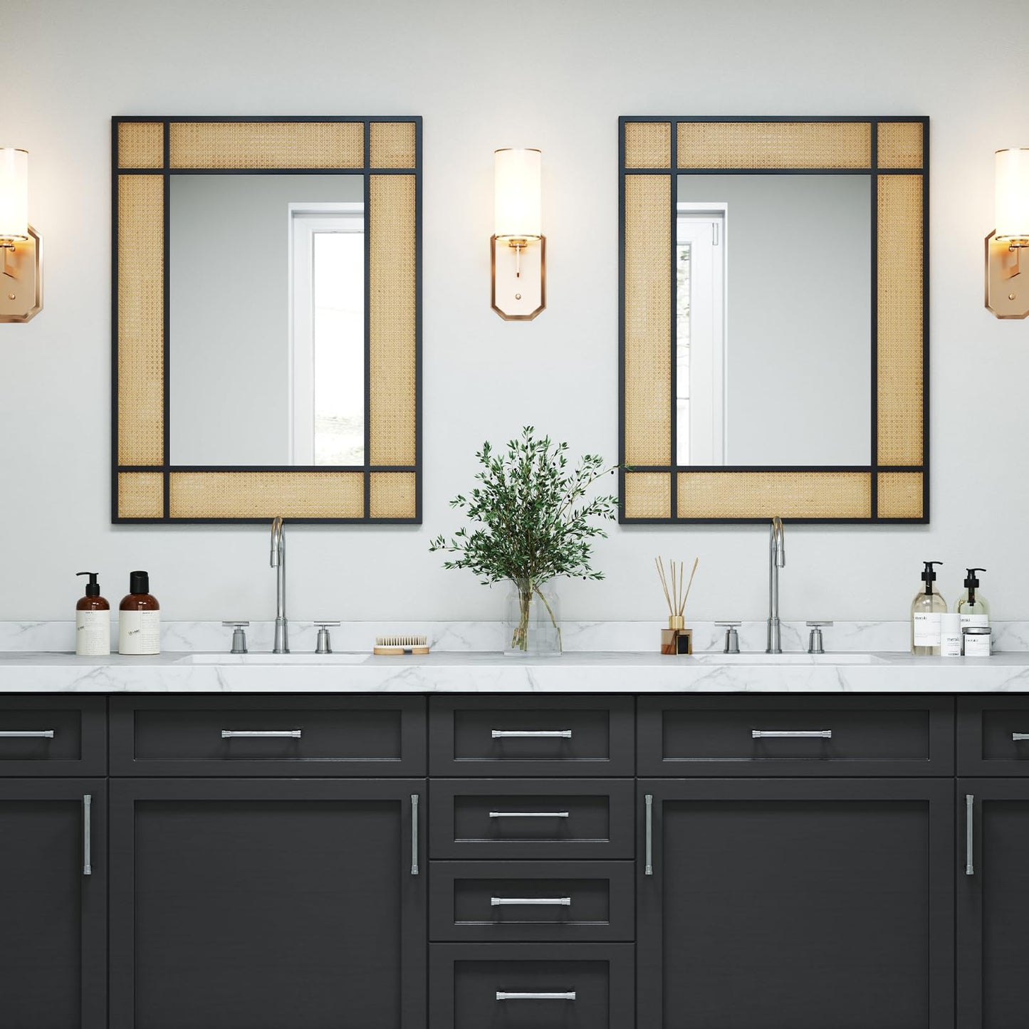 Tangkula Rattan Wall Mirror Bohemian Rectangular Decorative Mirror w/Metal Frame