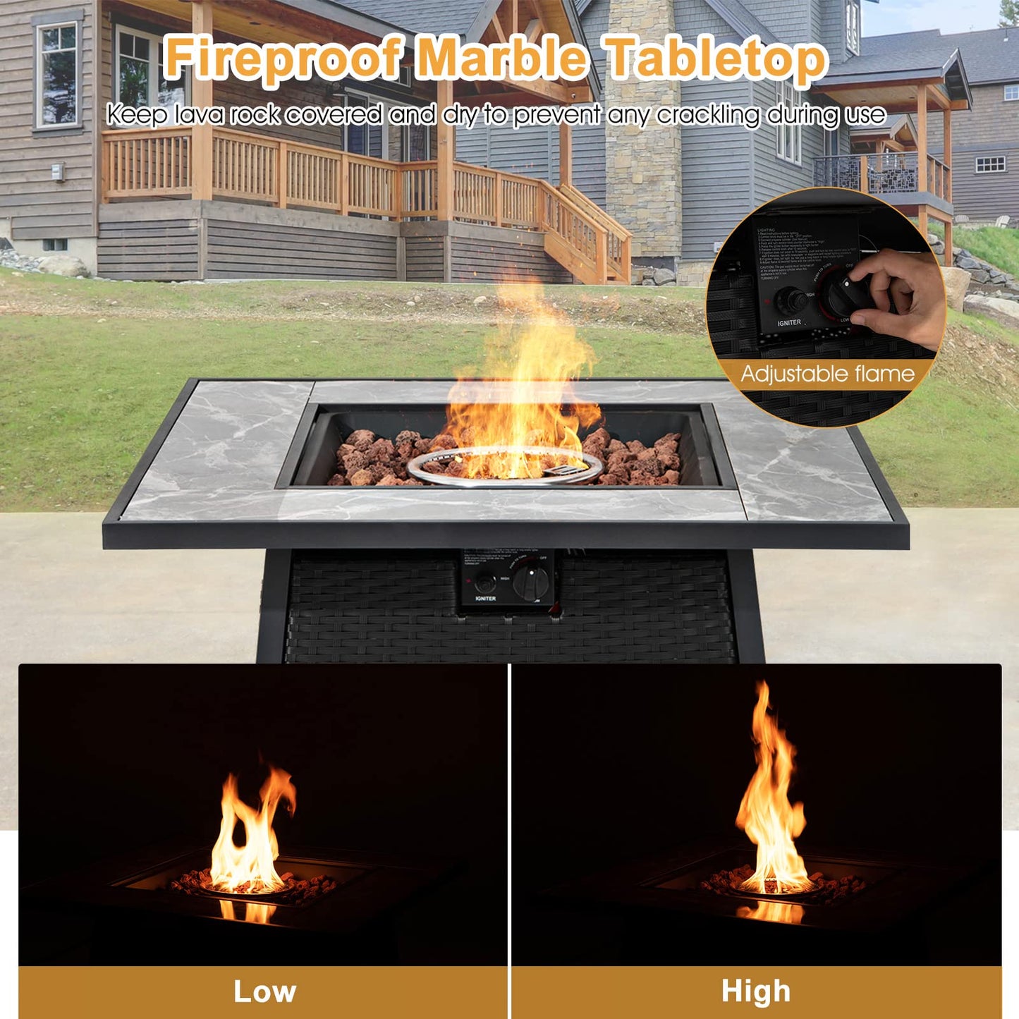 Tangkula 35 Inch Rattan Propane Gas Fire Pit Table, Patiojoy 50,000 BTU Outdoor Wicker Patio Propane Fire Pit