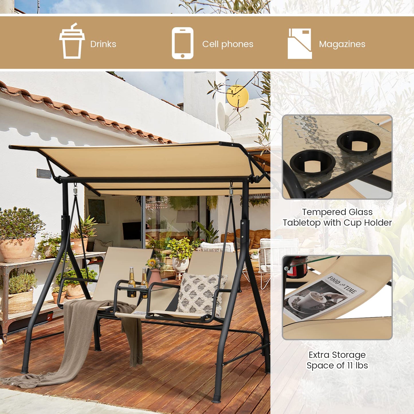 Tangkula 2 Person Porch Swing, Outdoor Swing with Tempered Glass Table (Beige)