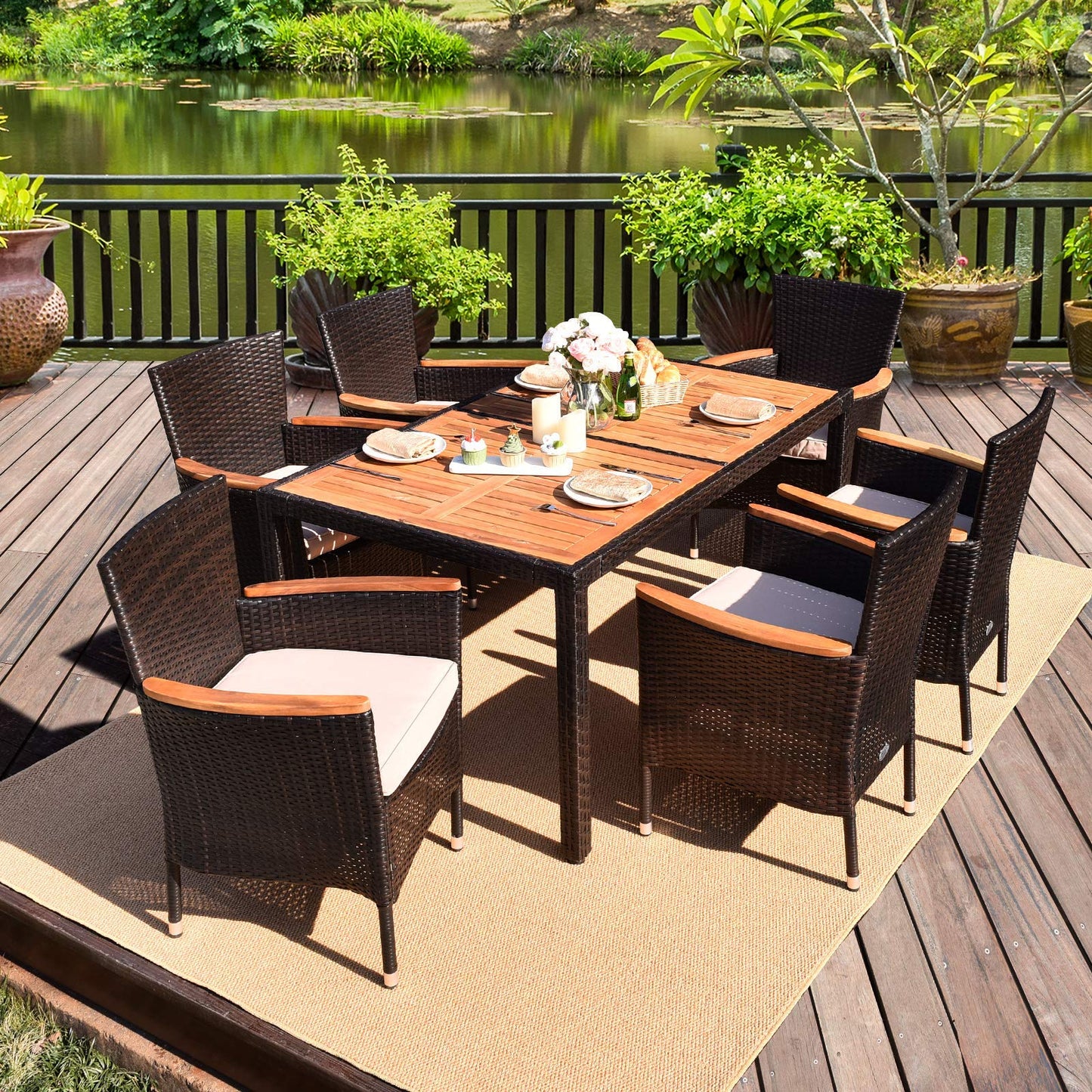 Tangkula 7 PCS Outdoor Patio Dining Set with Soft Cushion
