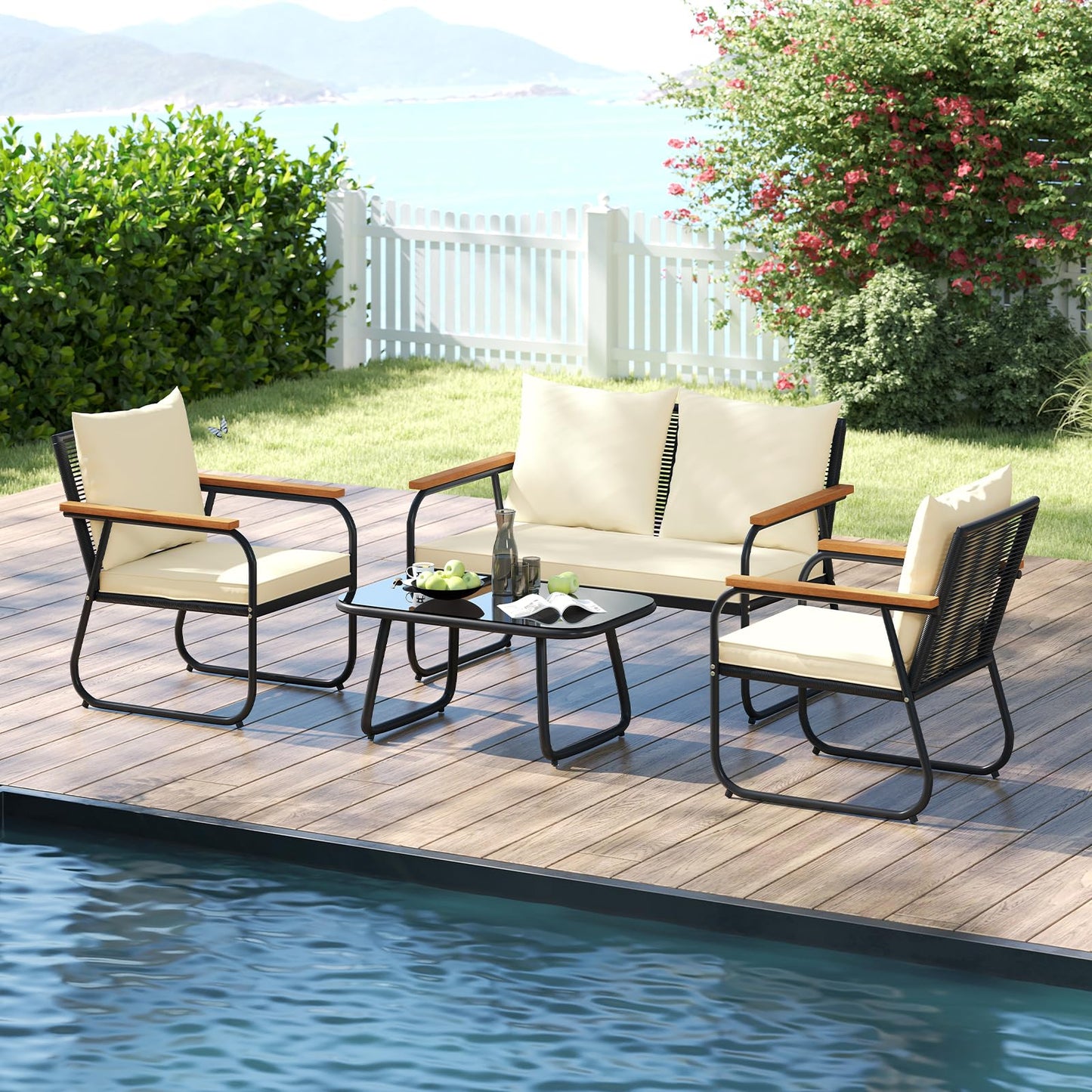 Tangkula Wicker Patio Furniture Set Outdoor Conversation Set with Tempered Glass Coffee Table