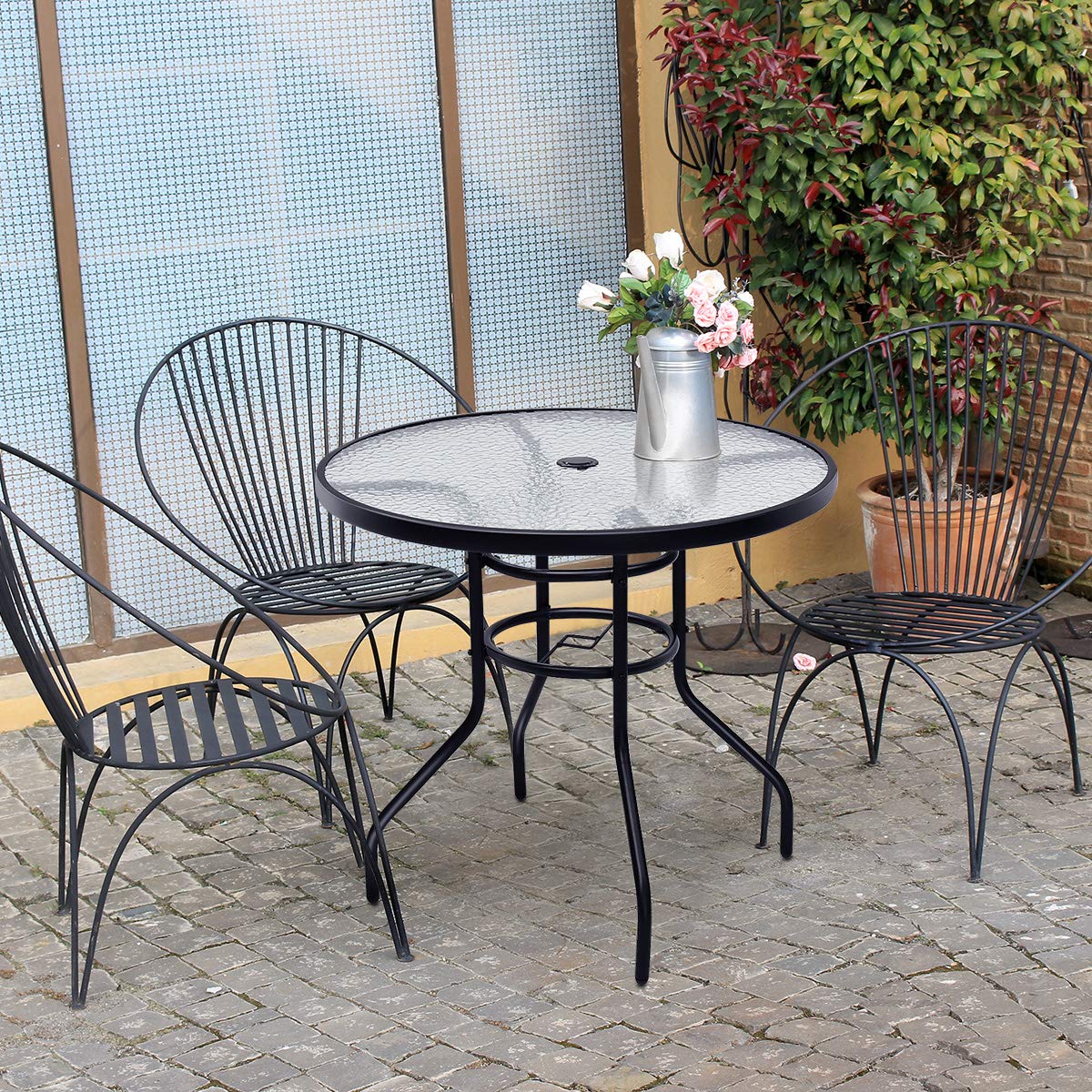 32" Outdoor Patio Table Round Steel Frame Tempered Glass Top Commercial Party Event Furniture Conversation Coffee Table