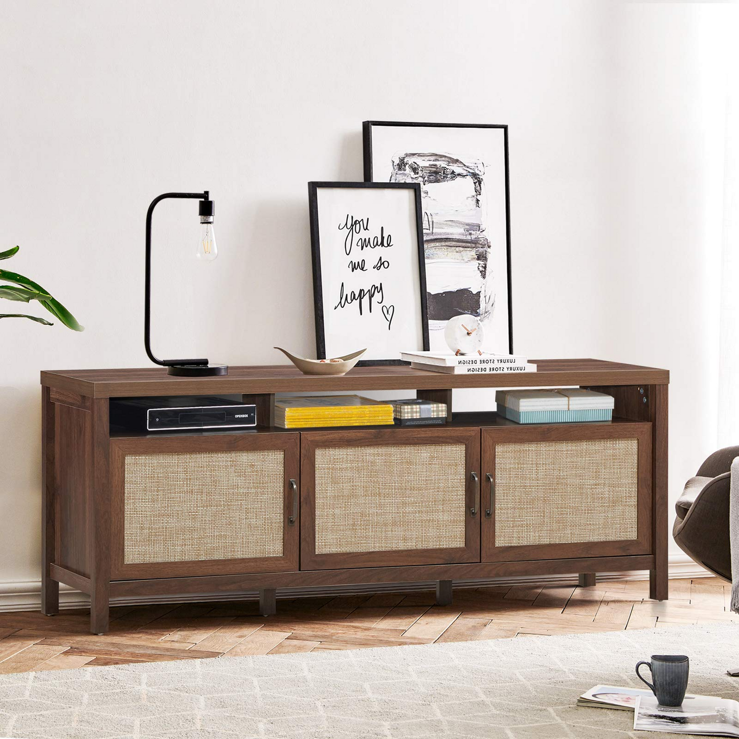 Tangkula Farmhouse Rattan TV Stand, 62 Inches Modern Boho Entertainment Center for TVs up to 65/70 Inches