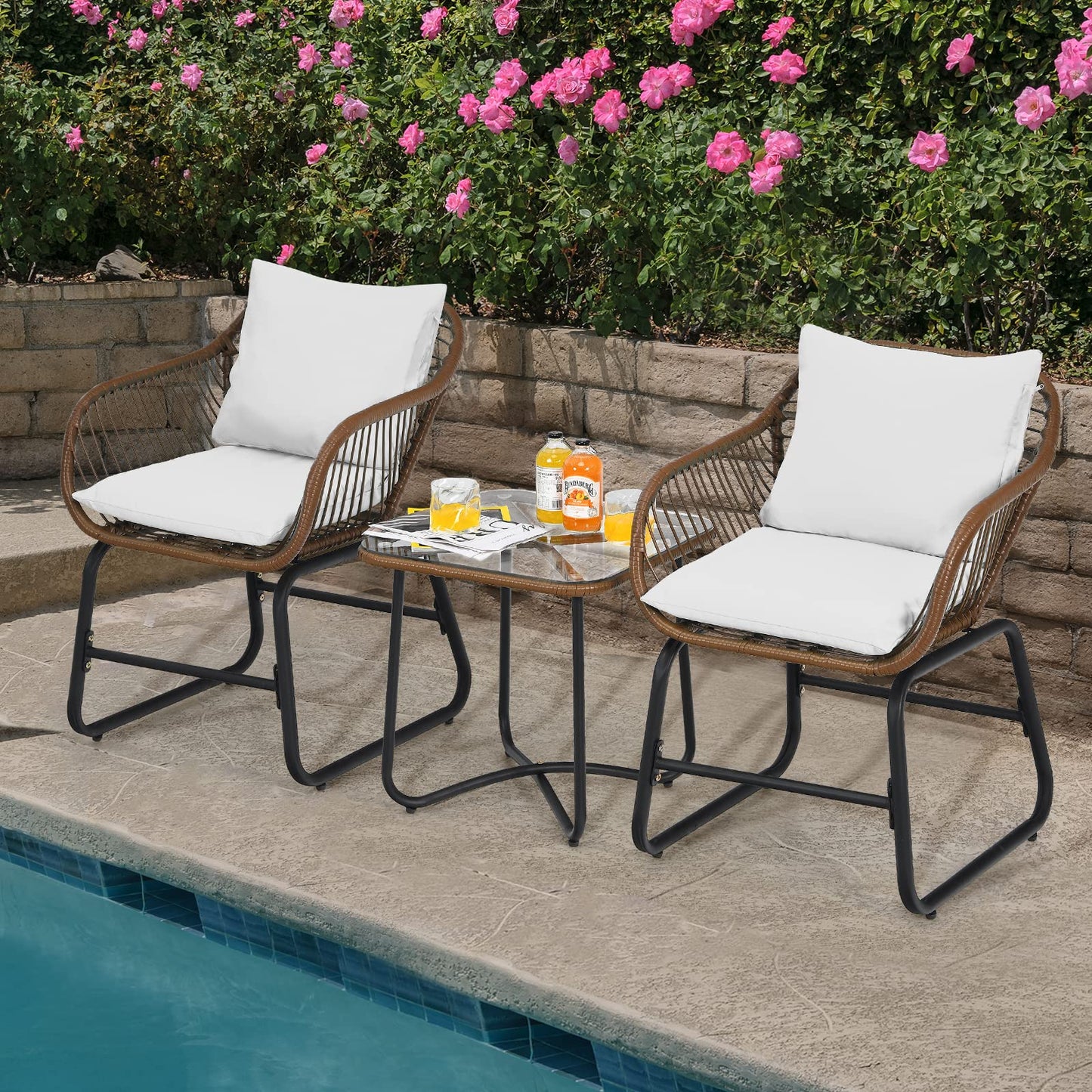 Tangkula 3 Pieces Patio Bistro Set with Comfortable Cushions & Adjustable Foot Pads