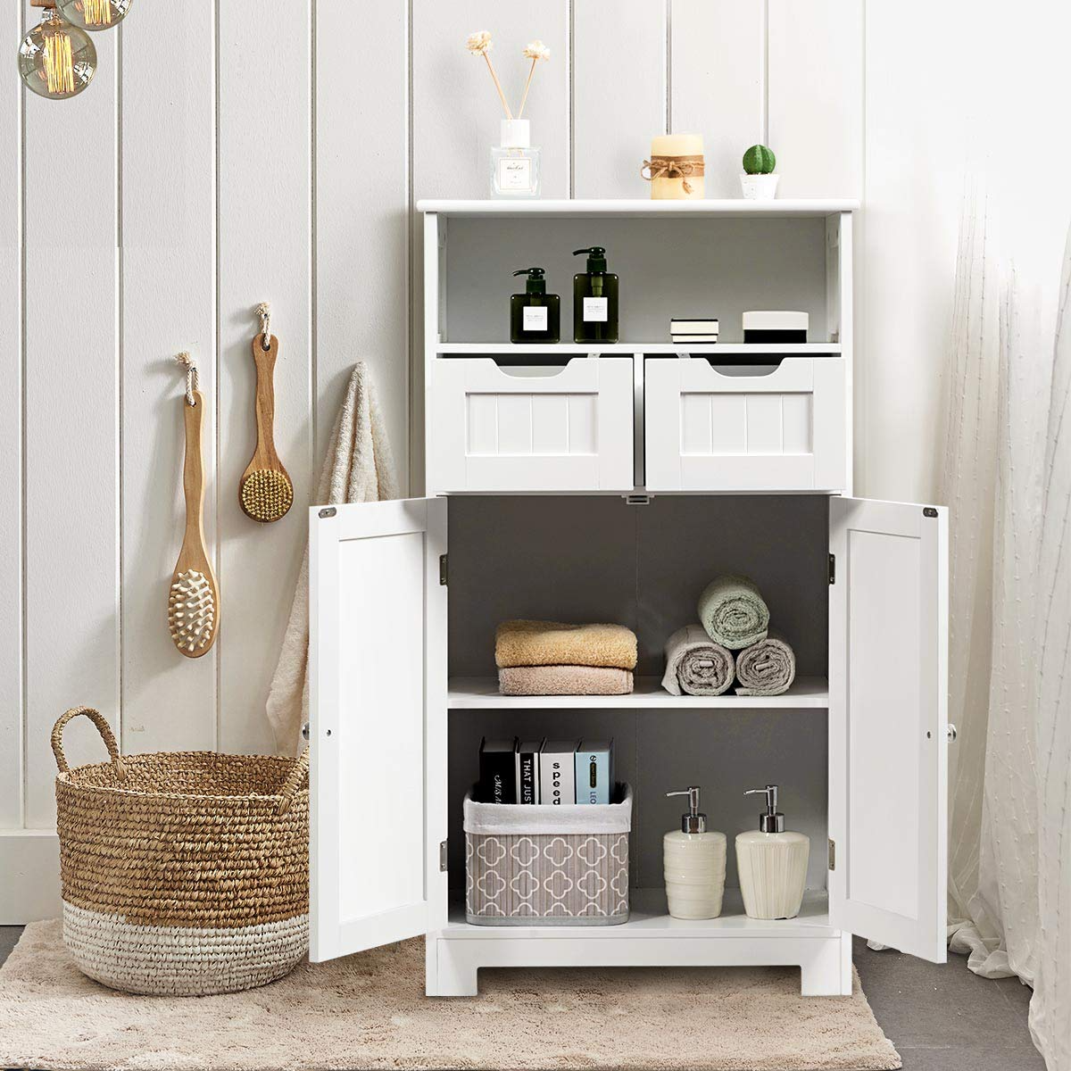 Tangkula Bathroom Floor Cabinet, Storage Cabinet w/One Open Shelf Two Doors and Two Adjustable Drawers, Standing Cupboard for Kitchen