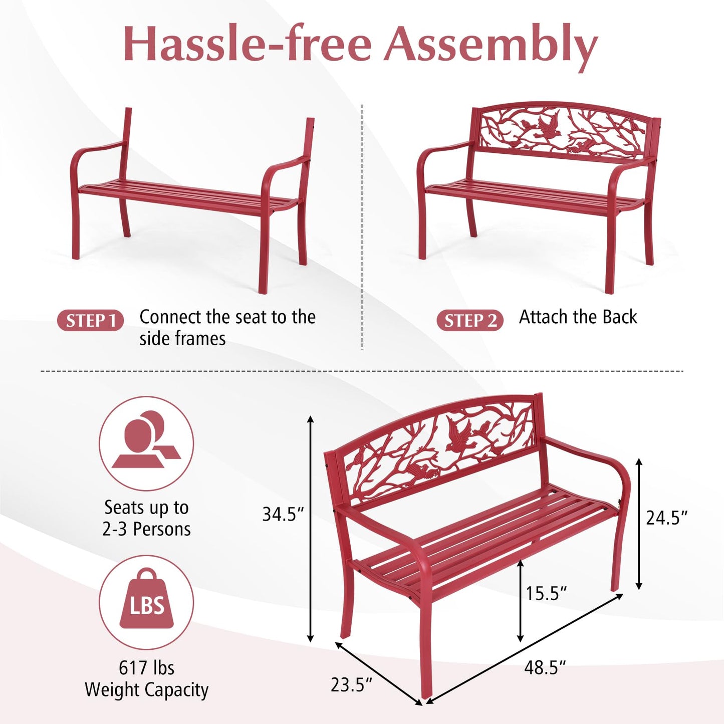 Tangkula Metal Outdoor Garden Bench Park Bench with Bird & Twig Cast Iron Back Pattern