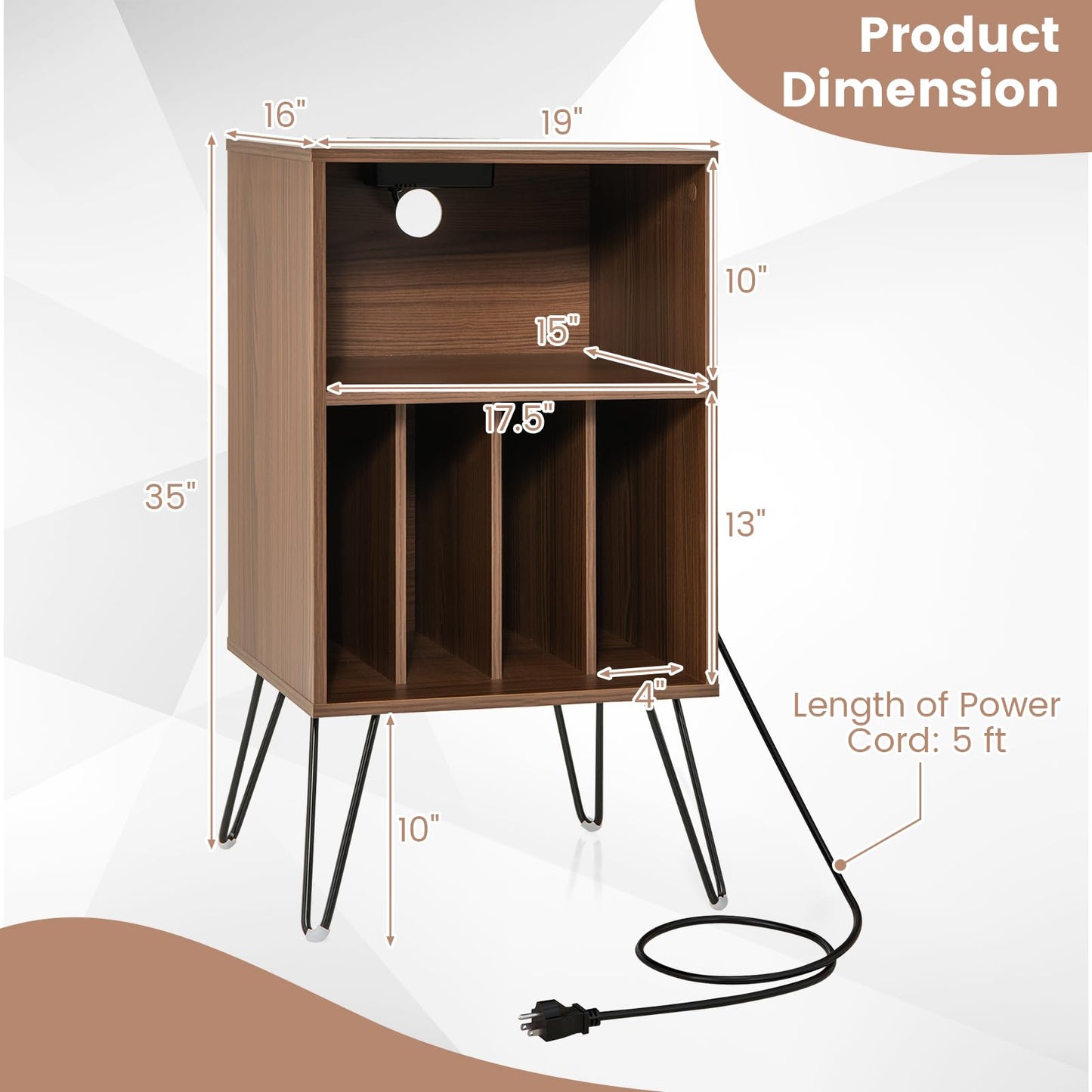 Tangkula Record Player Stand with Charging Station, Turntable Stand with Metal Legs, Vinyl Record Storage Cabinet
