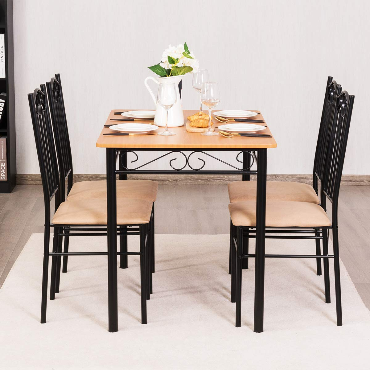 Tangkula 5 Piece Dining Table Set Vintage Wood Top Padded Seat Dining Table and Chairs Set