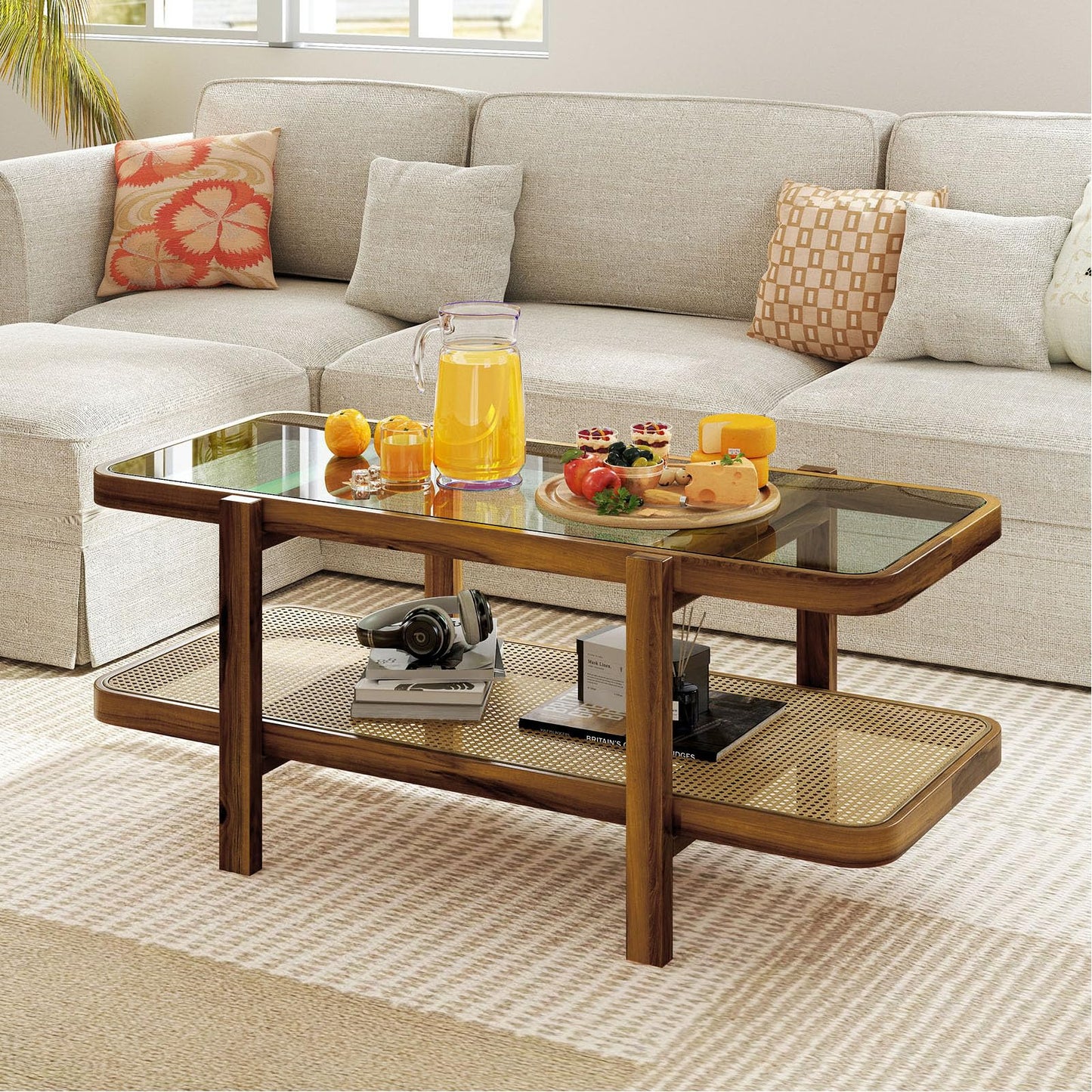 Tangkula Rattan Coffee Table 47.5”L Boho Cocktail Tables