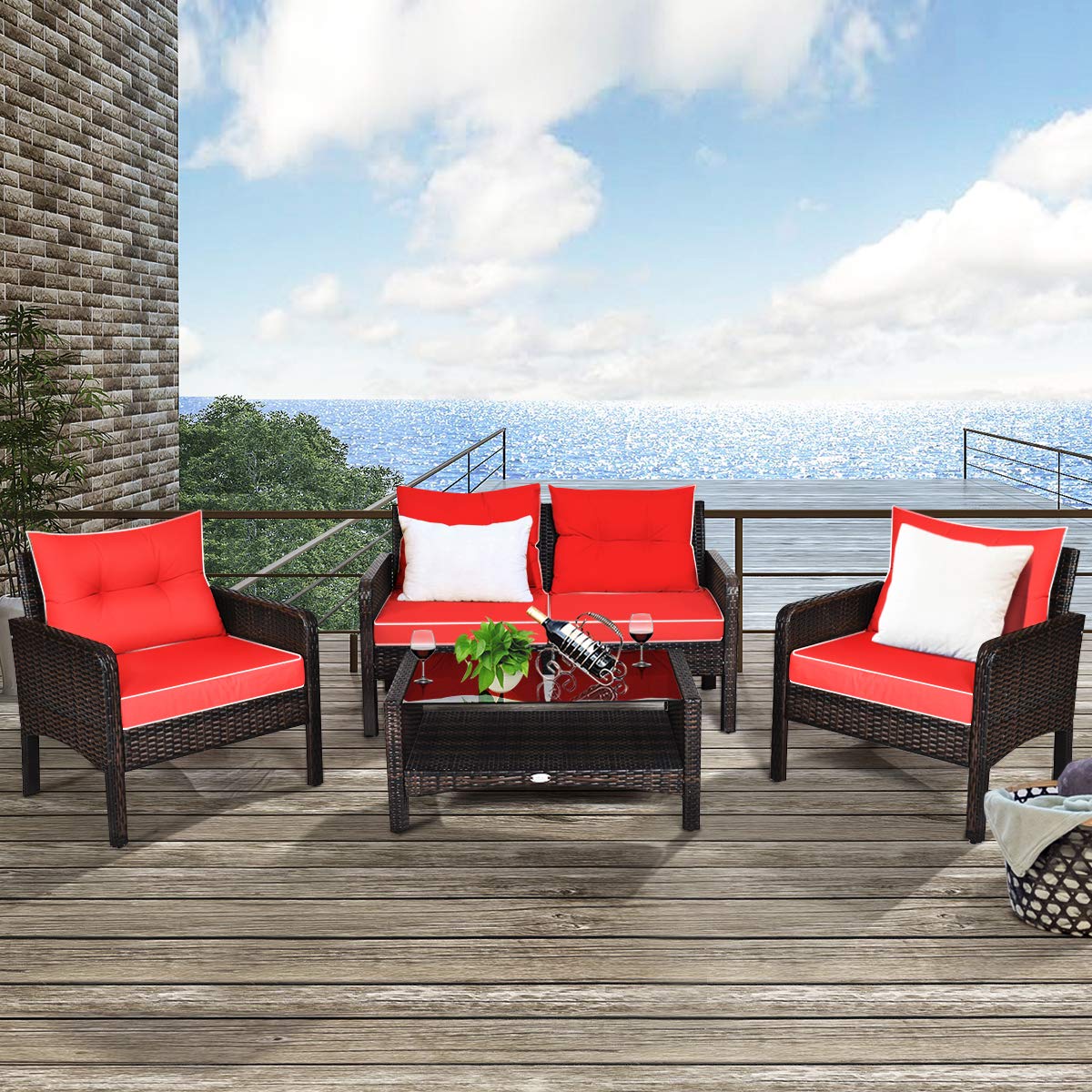 Tangkula 4 Piece Patio Furniture Set with Glass Top Coffee Table
