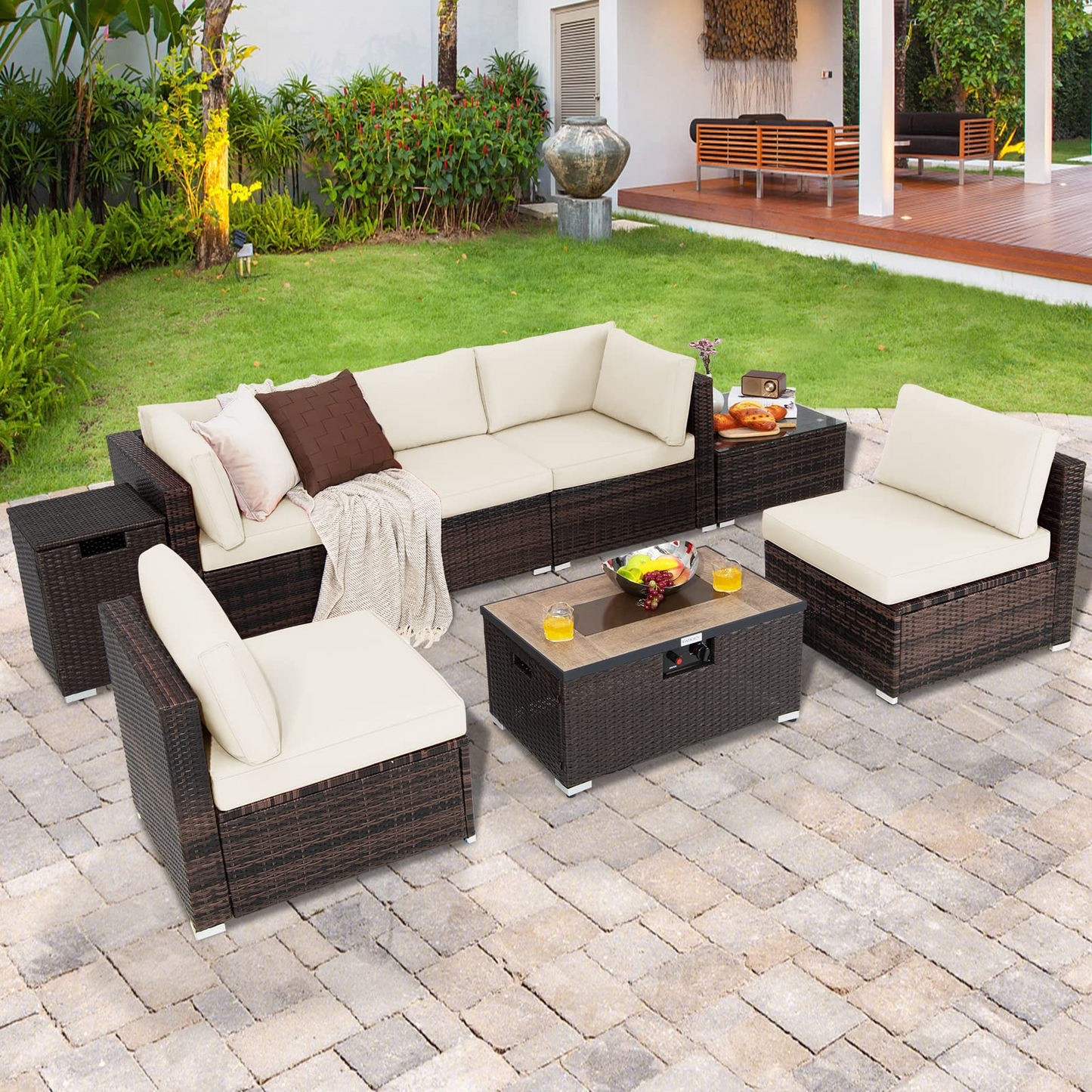 Tangkula 8 Piece Outdoor Wicker Sofa Set, Patio Rattan Conversation Set