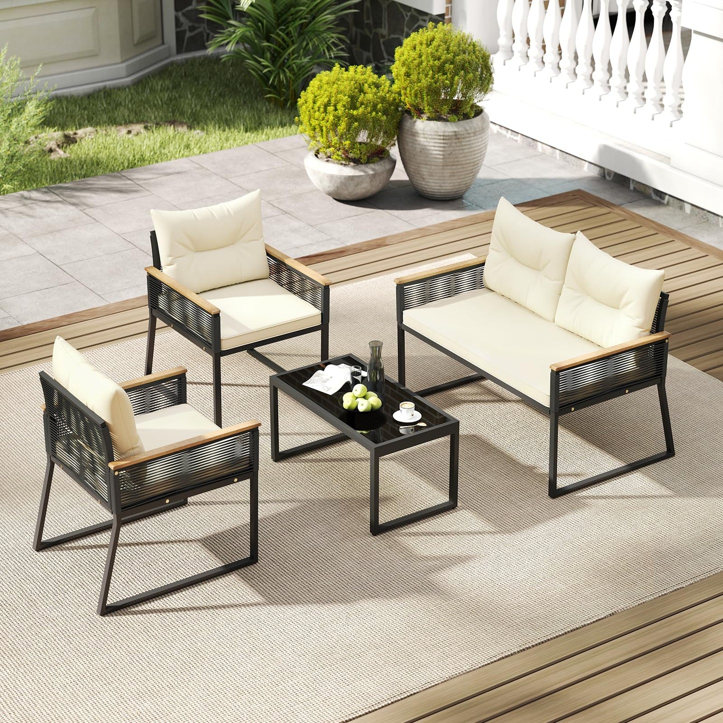 Tangkula Patio Wicker Furniture Set Heavy Duty Outdoor Cushioned Conversation Set