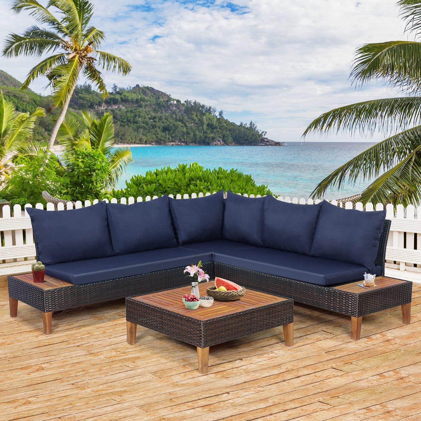 Tangkula 4 Pieces Acacia Wood Patio Furniture Set