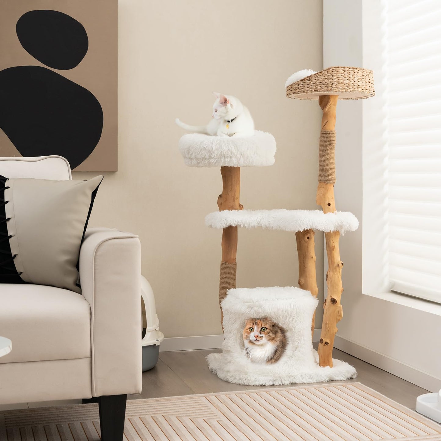 Tangkula Cat Tree Tower Solid Wood Modern Cat Tower with Top Cattail Basket Bed
