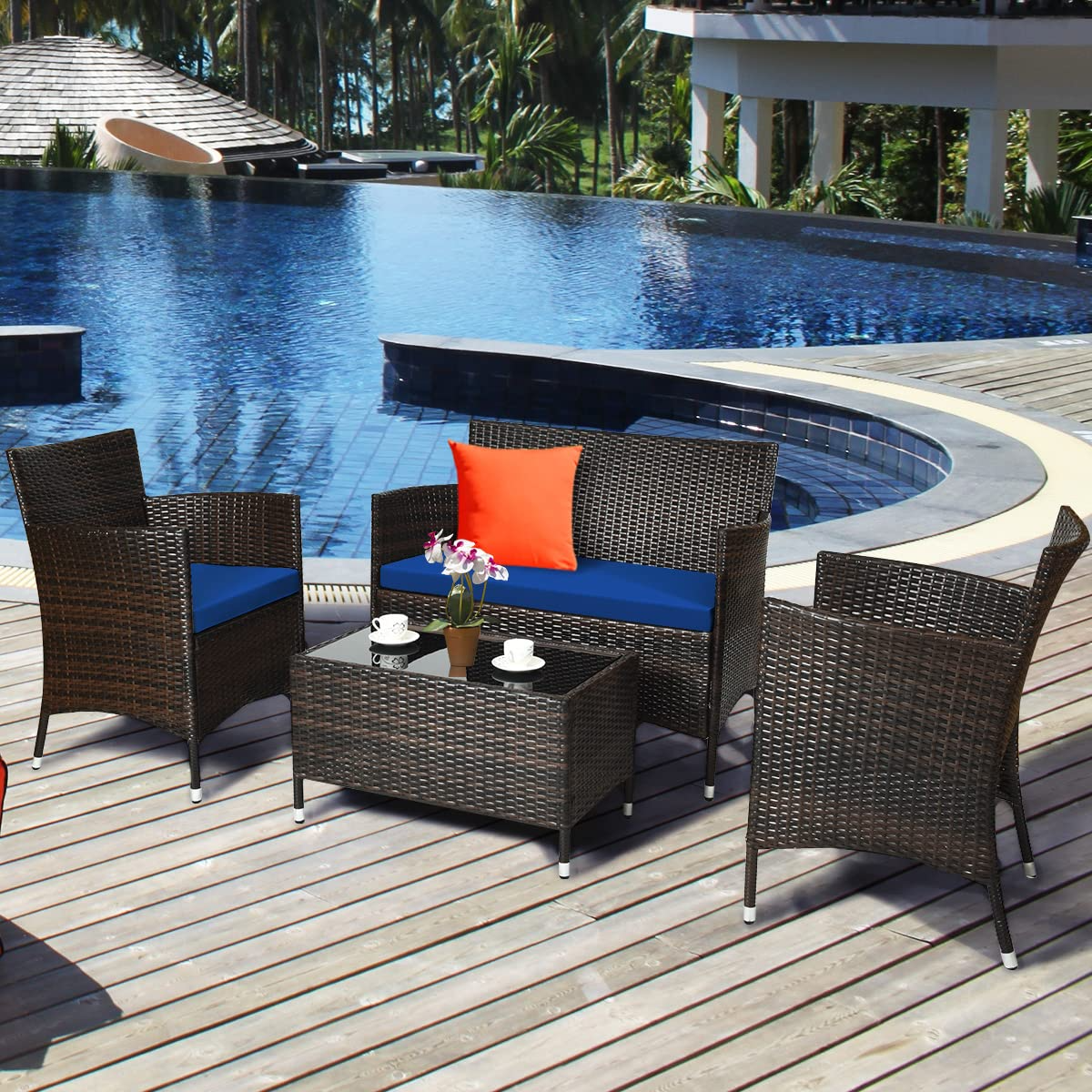 Tangkula 4-PCS or 8-PCS Patio Rattan Conversation Set, Outdoor Wicker Furniture Set with Tempered Glass Coffee Table &Thick Cushion