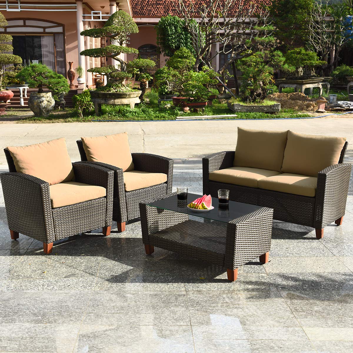 Tangkula Patio Rattan Furniture Set with Tempered Glass Coffee Table for Porch