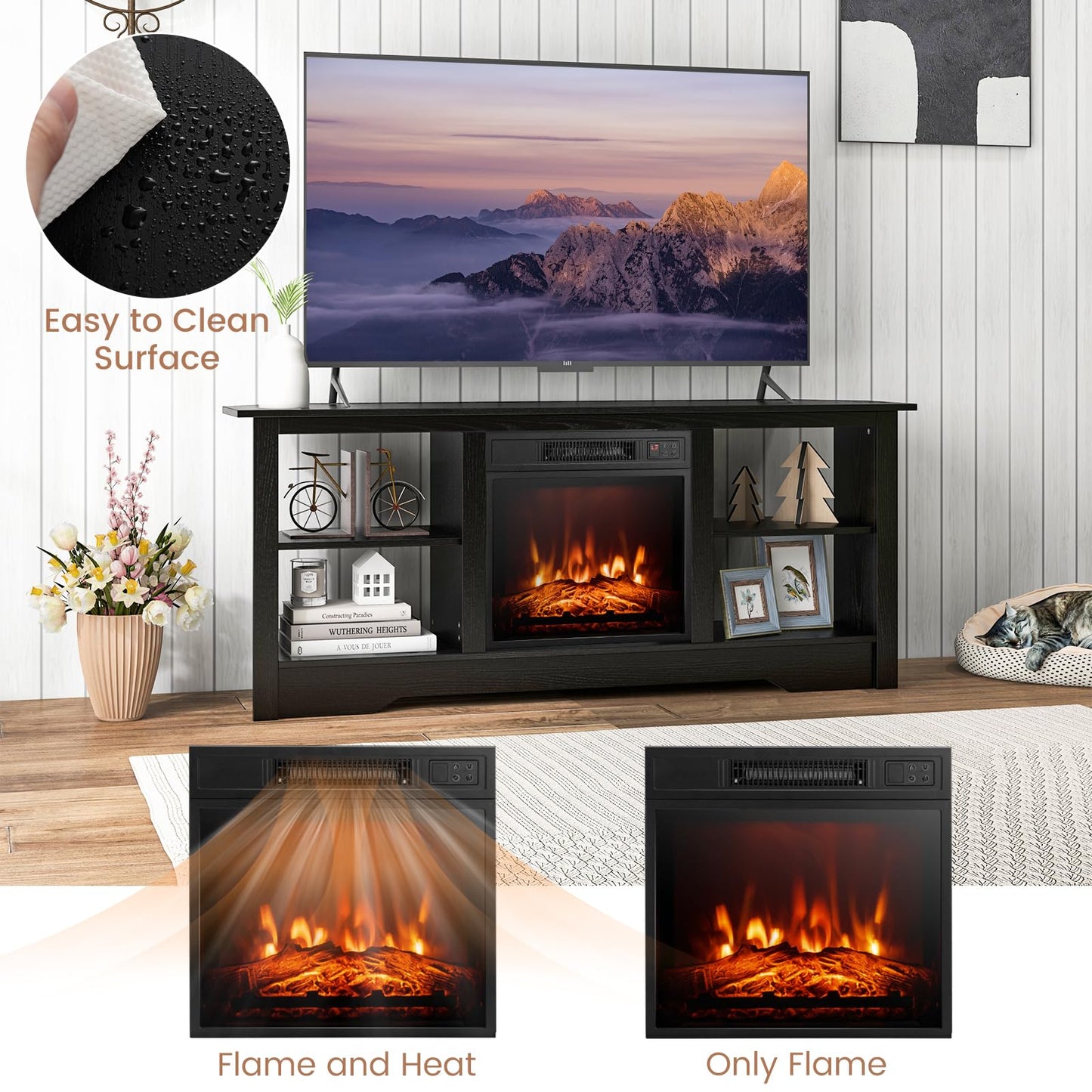 Tangkula 58” Fireplace TV Stand Home Entertainment Center with 18” 1400W Electric Fireplace