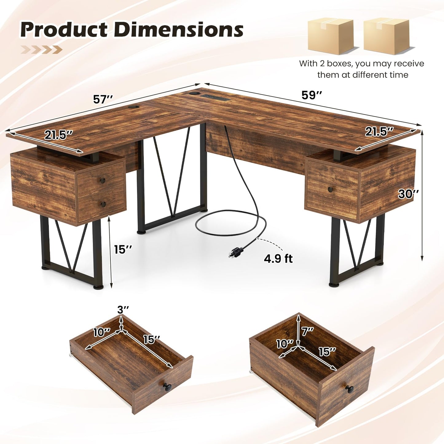 Tangkula 59" L-Shaped Office Desk with 3 Drawers & Charging Station