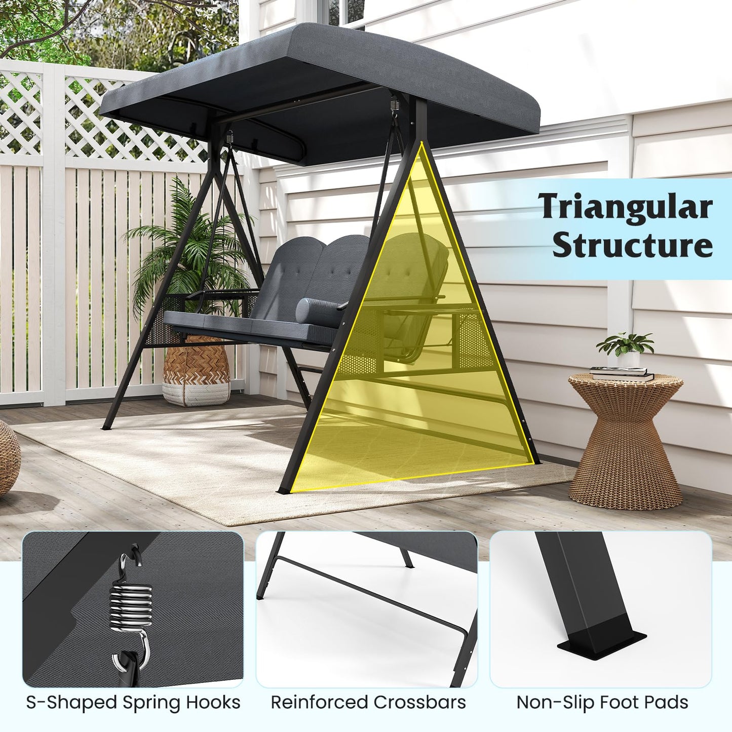 Tangkula 3 Person Porch Swing Outdoor Swing with Adjustable Canopy