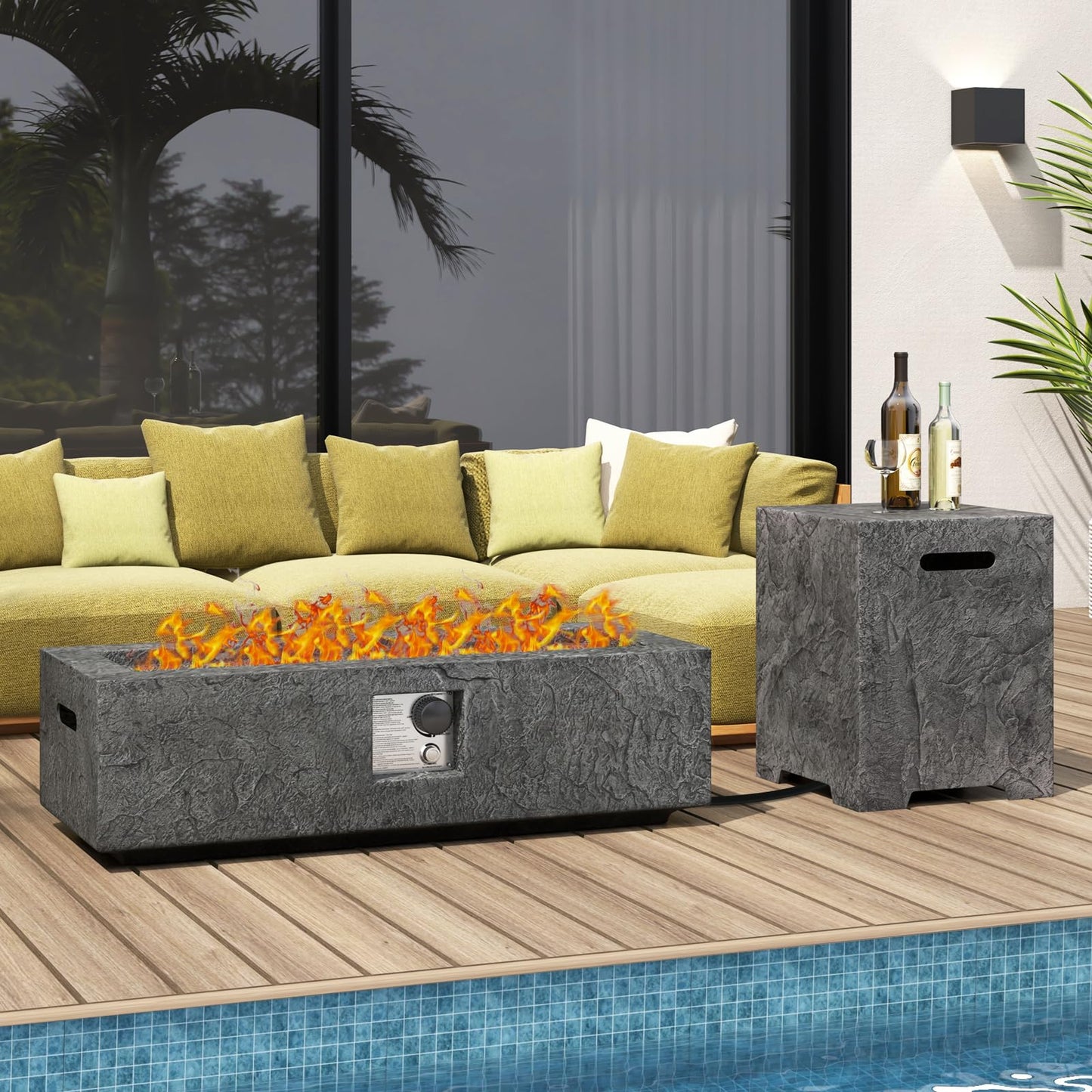 Tangkula 50,000 BTU Fire Pit Table Set, 42.5” Magnesium Oxide Propane Gas Fire Pit w/Hideaway Tank Holder, Protective Cover Included, Simple Ignition