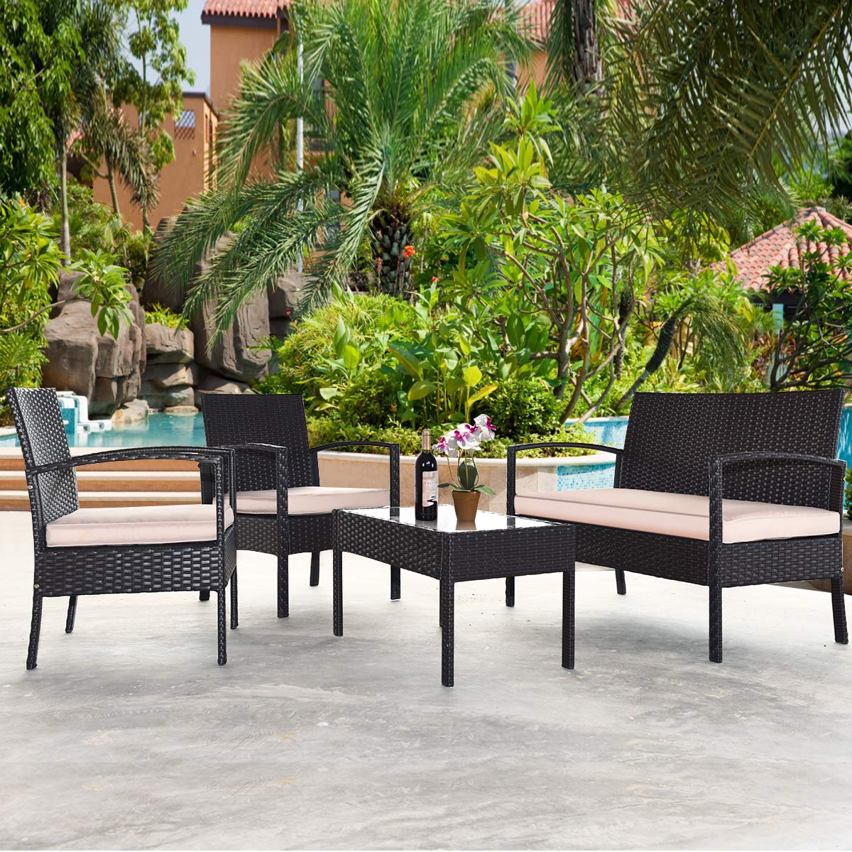 Tangkula 4 or 8 Piece Rattan Patio Furniture Set for Porch