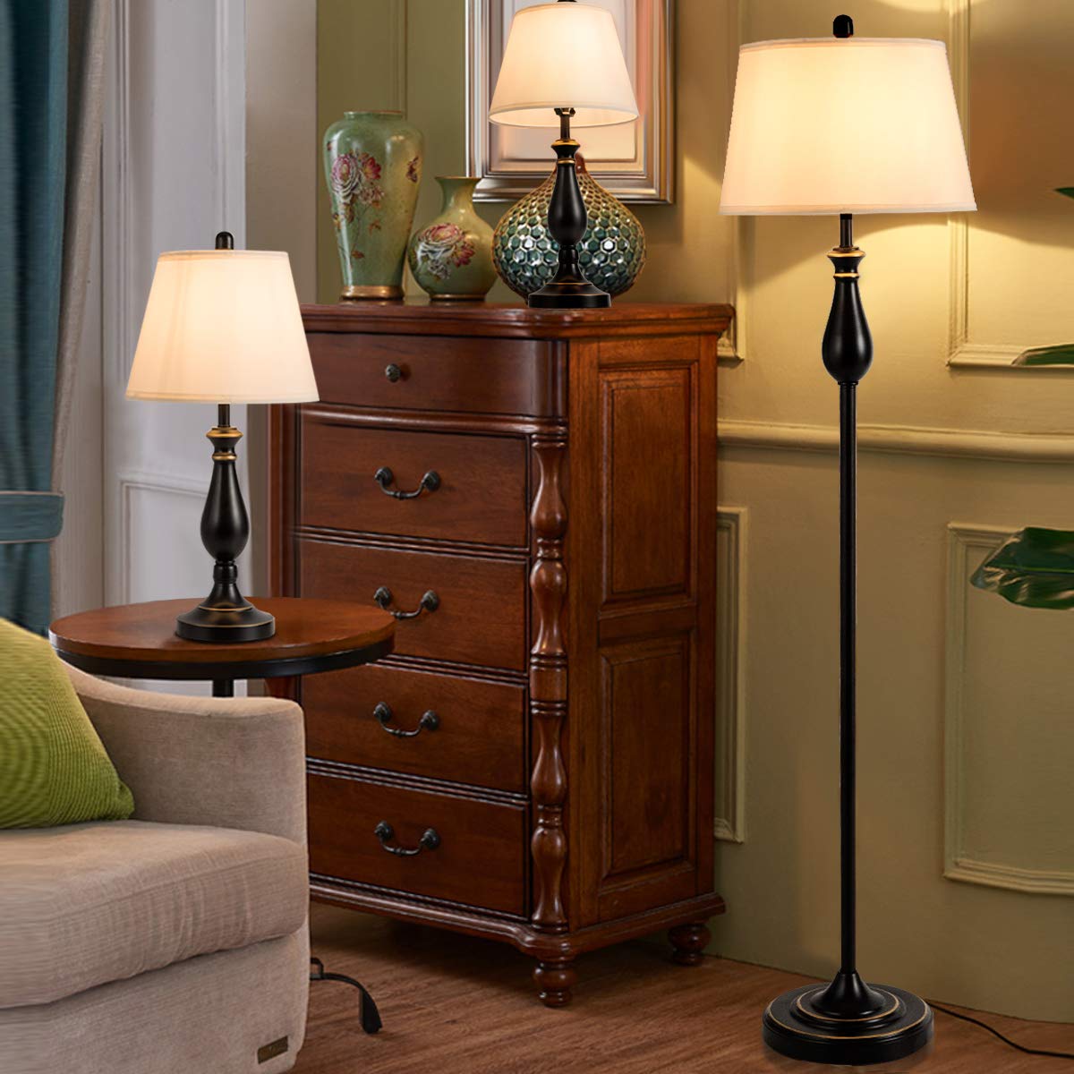 Tangkula 3 Piece Vintage Style Metal Table and Floor Lamp Set