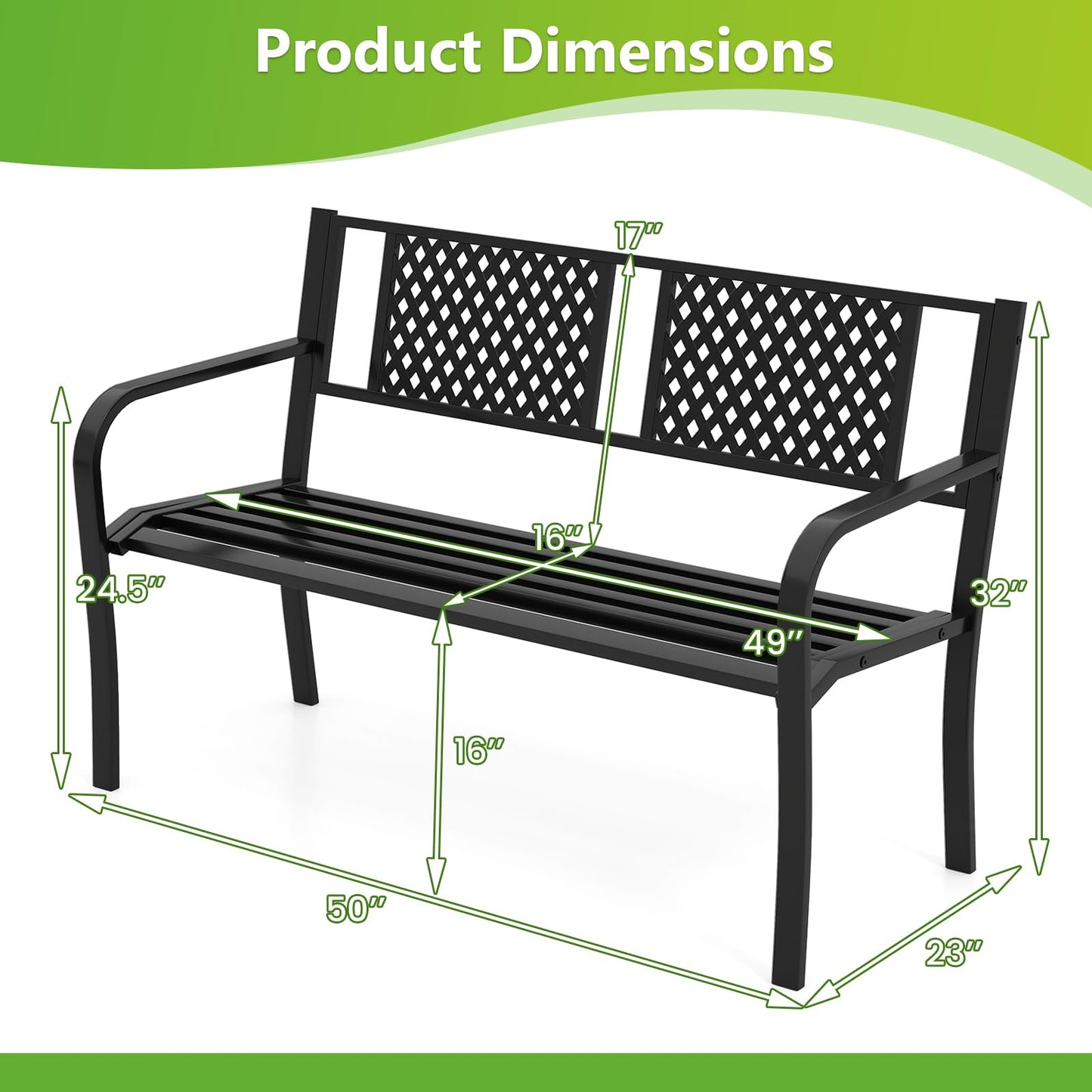 Tangkula Metal Outdoor Garden Bench with Patterned Backrest and Curved Armrests