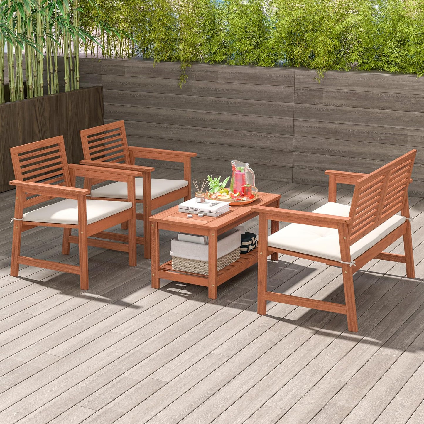 Tangkula 4 Piece Patio Conversation Set Wood Sofa Set with Soft Seat Cushions 2-Tier Rectangle Coffee Table
