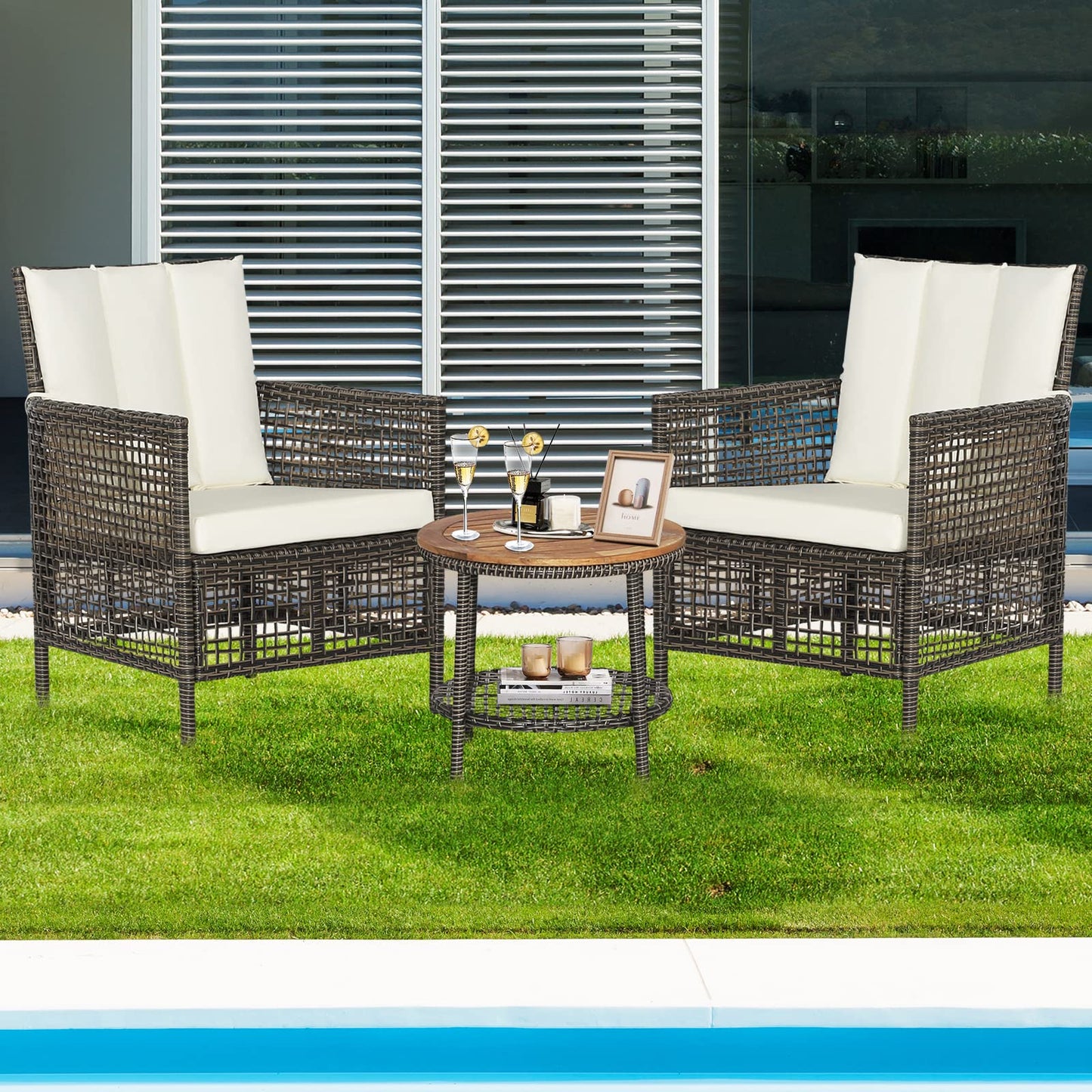 Tangkula 3 Piece Patio Conversation Set, Outdoor Rattan Chair Set W/ 2-Tier Coffee Table (Off White)