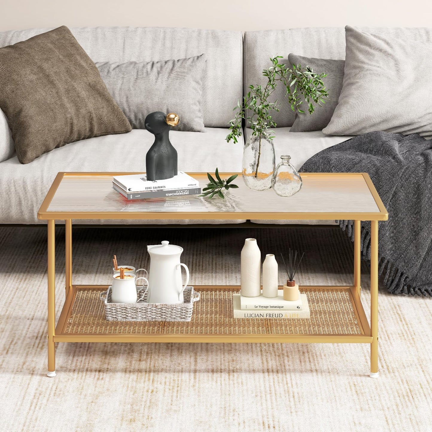 Tangkula Glass Coffee Table, 2-Tier Rectangular Tempered Glass Center Table