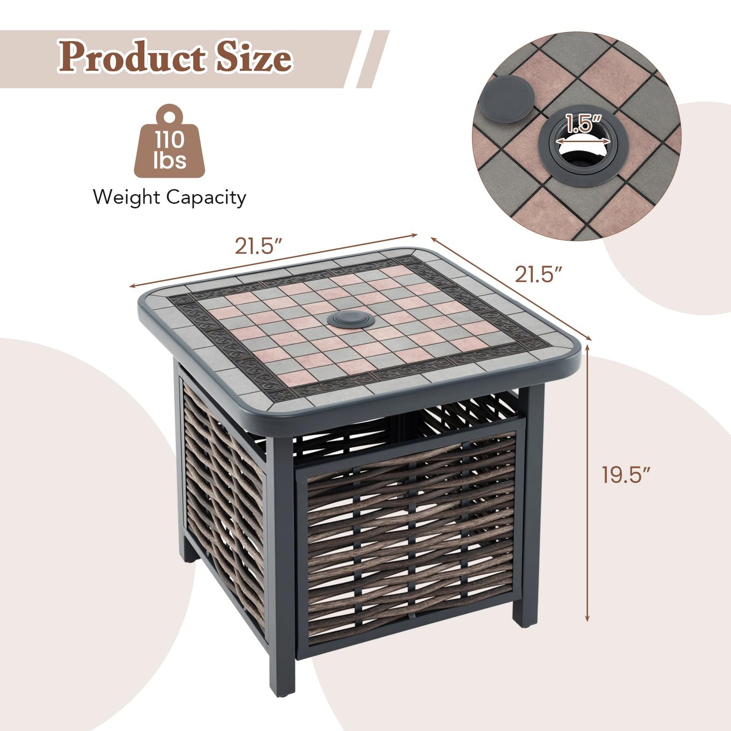 Tangkula 21.5 Inches Outdoor PE Rattan Side Table, All Weather Patio Square End Table with Resin Tabletop