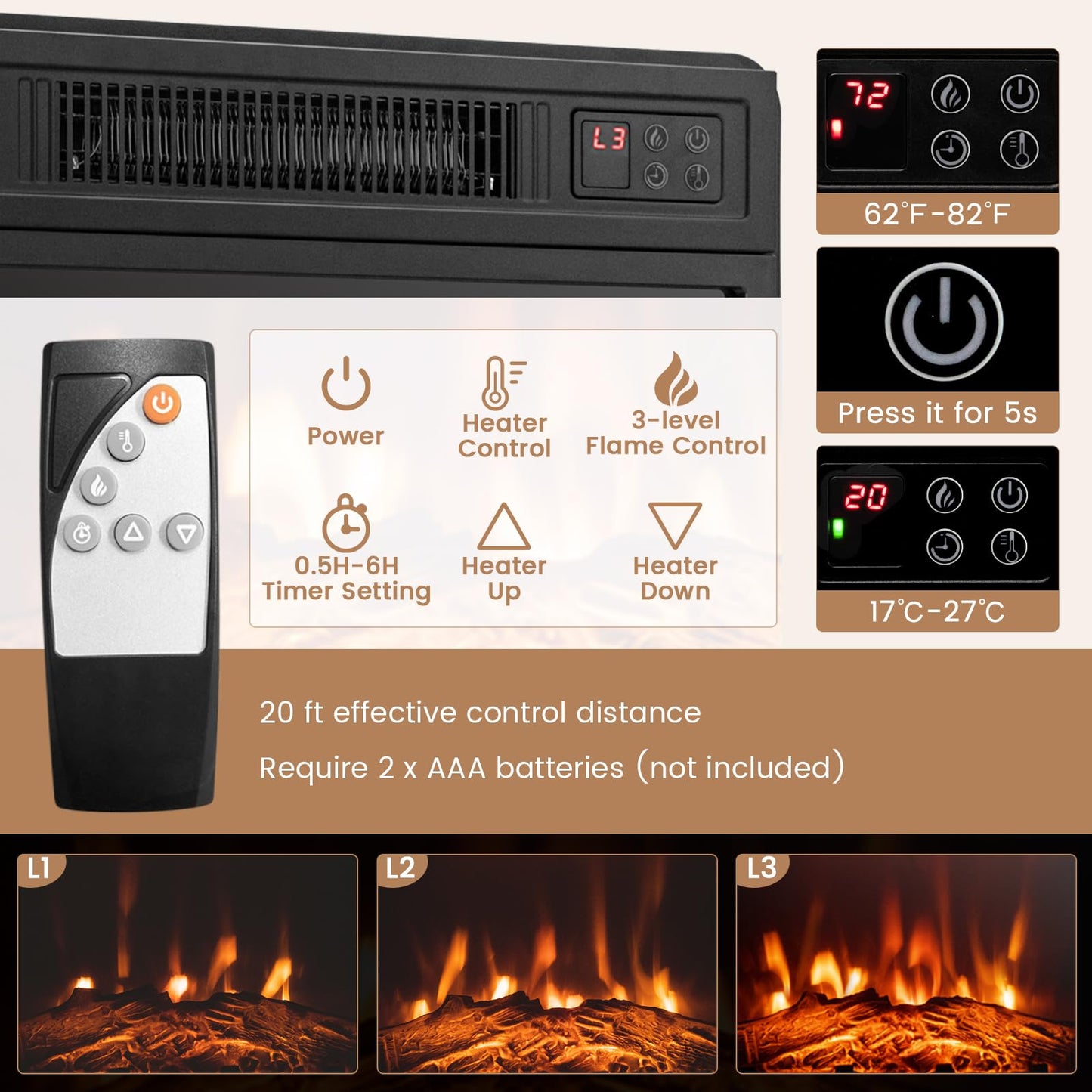 Tangkula Fireplace Corner TV Stand with LED Lights & Smart APP Control for 50 Inches TV