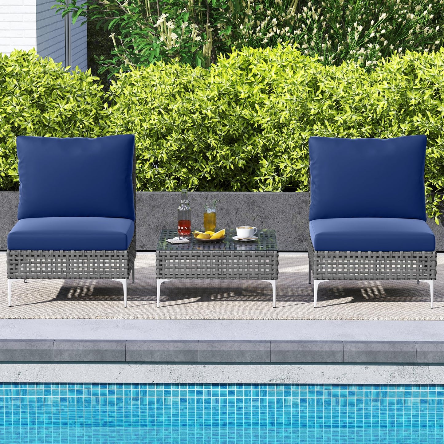 Tangkula 3 Pieces Patio Furniture Set PE Rattan Conversation Chairs with Tempered Glass Coffee Table