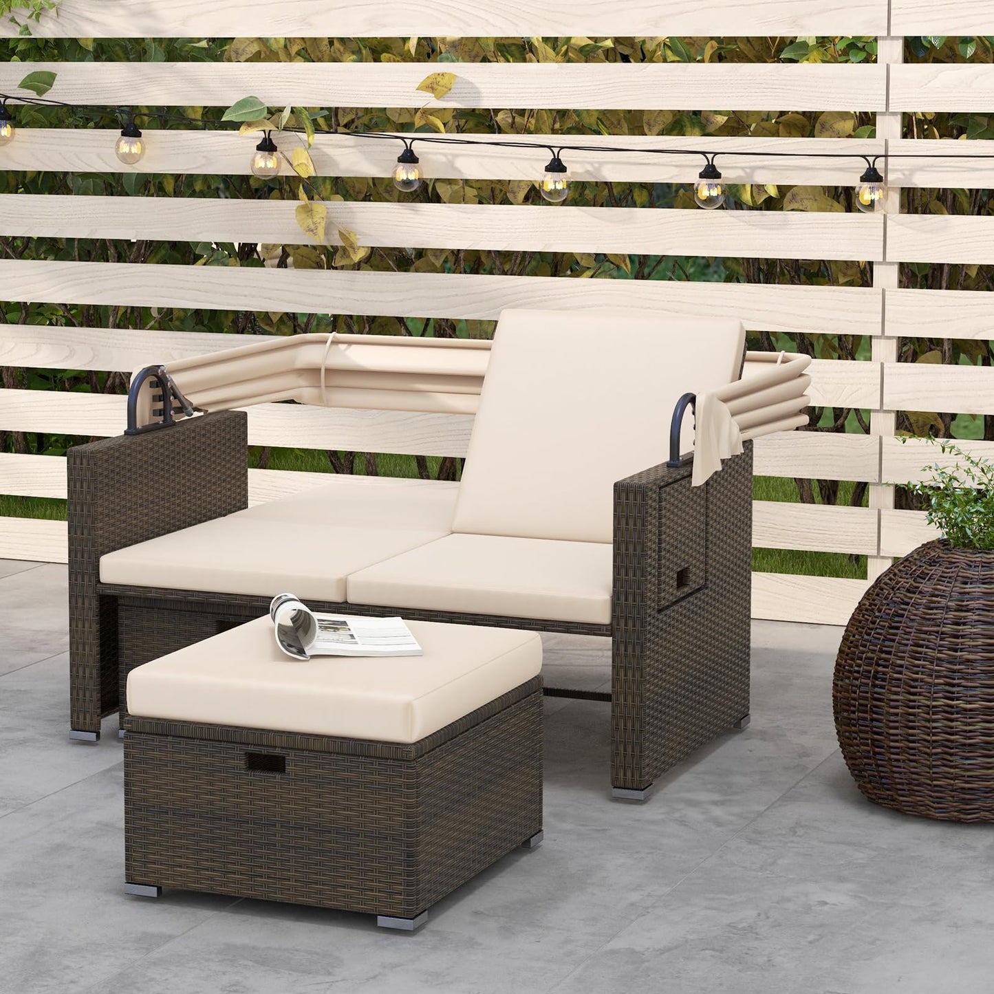 Tangkula Outdoor Patio Rattan Daybed w/Retractable Canopy & Adjustable Backrests
