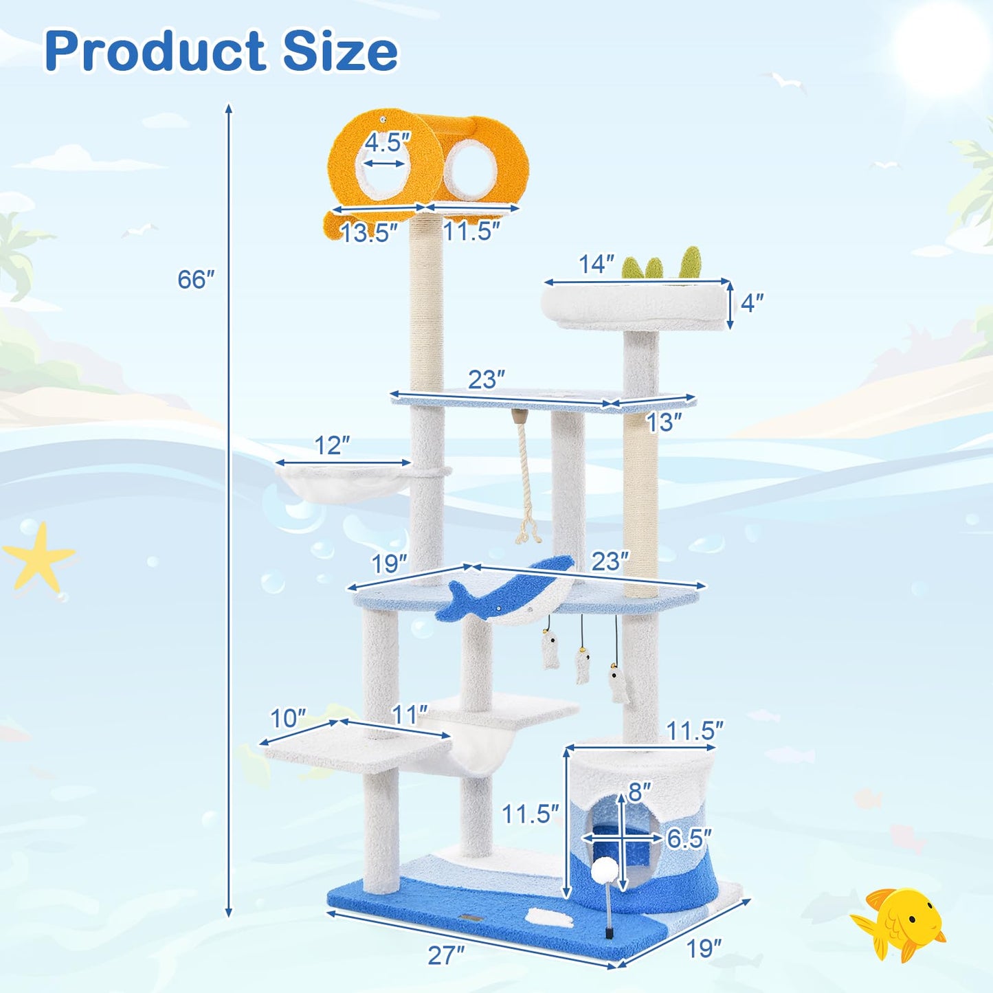 Ocean-Themed Cat Tree, 3-Level Cat Tower - Tangkula