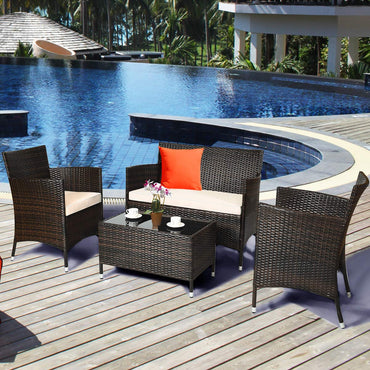 Ensemble de meubles de patio 4 pièces en rotin Tangkula, avec table basse en verre trempé