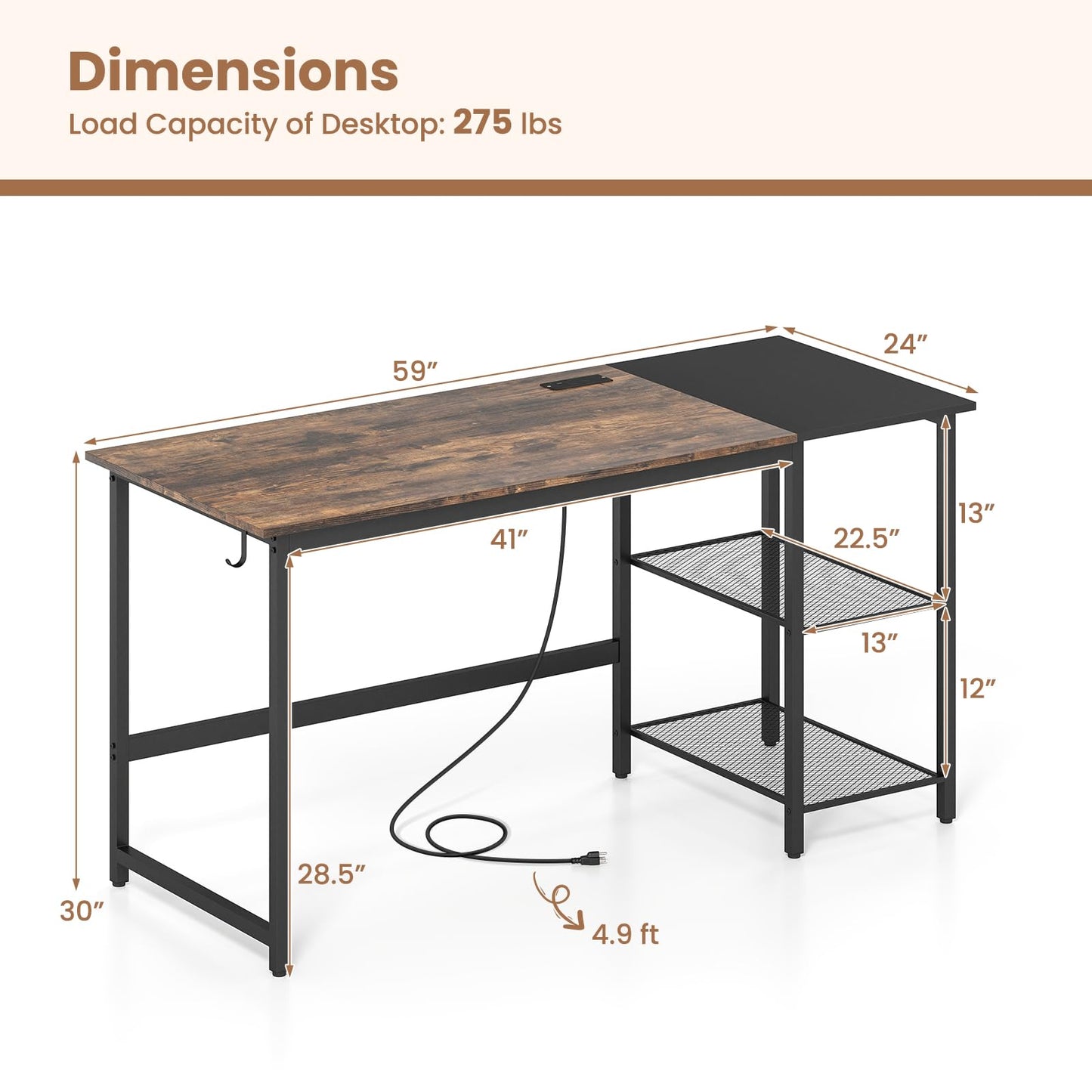 Tangkula 59 Inch Computer Desk with Charging Station