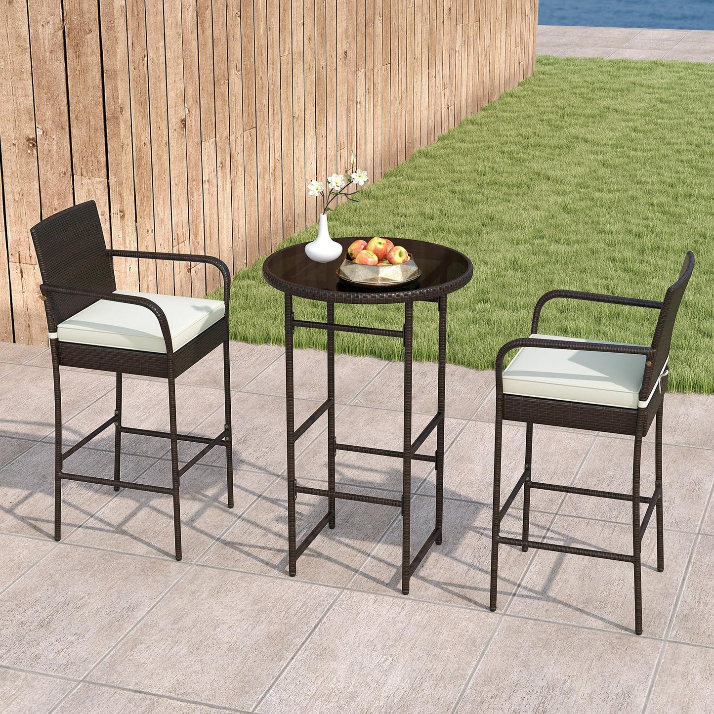 Tangkula Patio Rattan Heavy Duty Bar Height Glass Top Table & 2 Cushioned Barstools