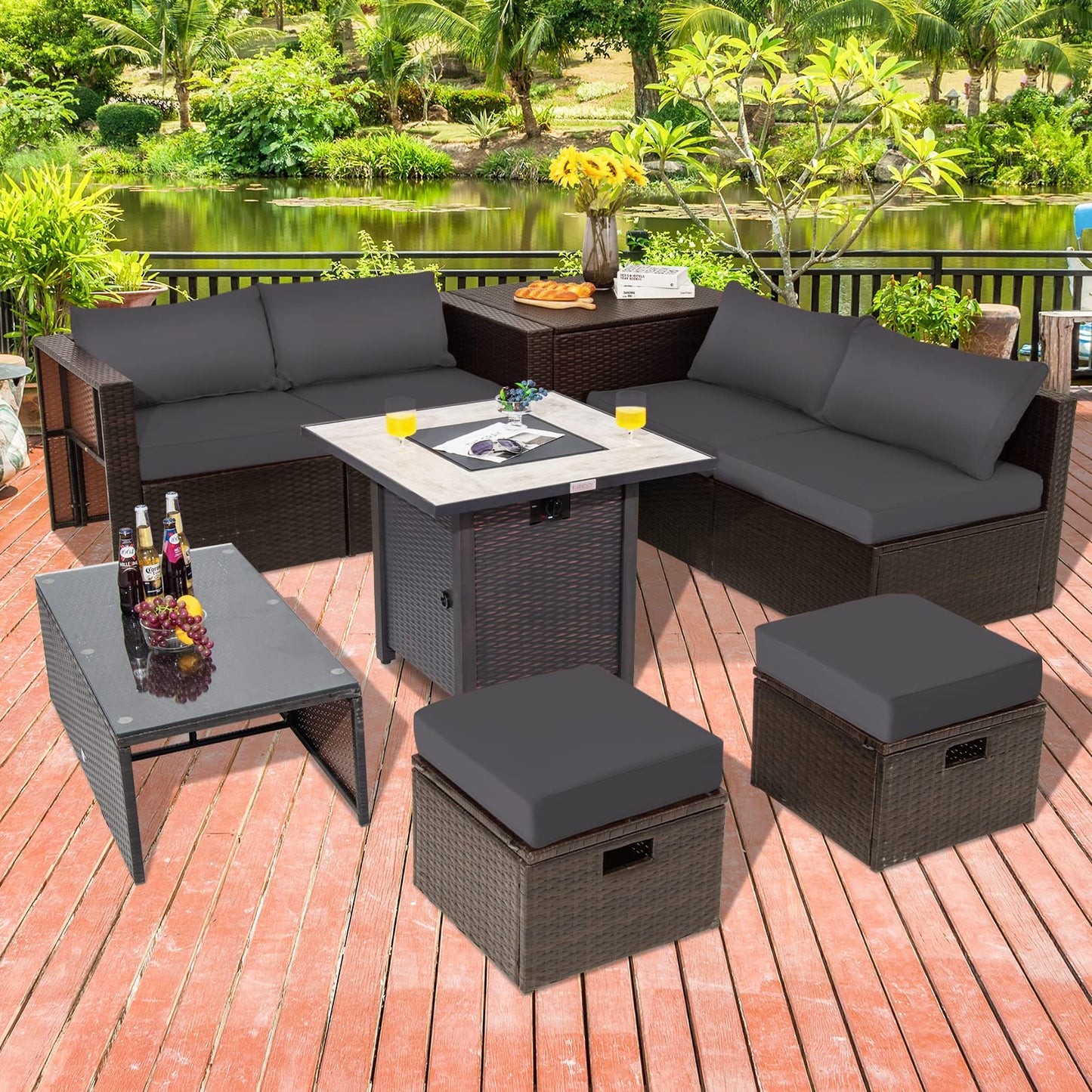 Tangkula 9 Pieces Outdoor Patio Furniture Set with 30” Propane Fire Pit Table