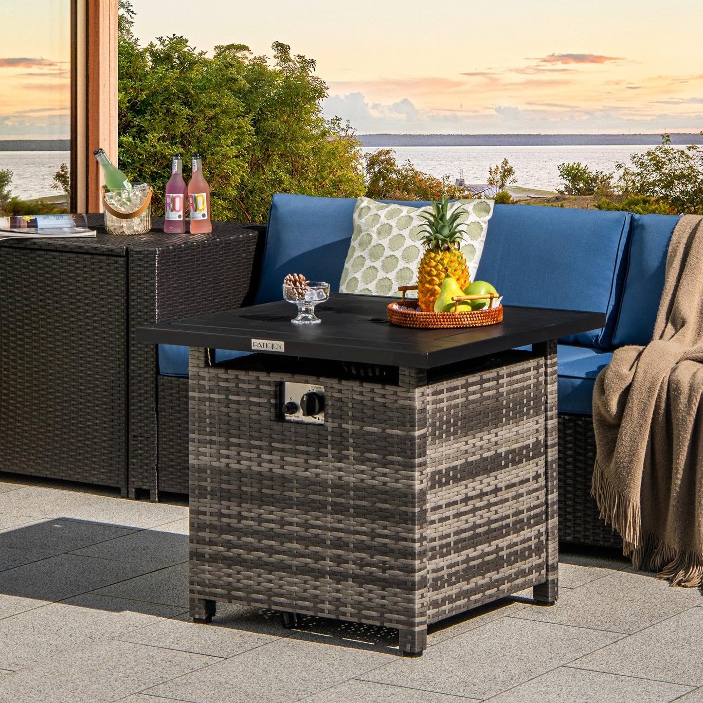 Tangkula 29 Inch Rattan Propane Fire pit Table, Patiojoy 50,000 BTU Outdoor Square Fire Pit with Lava Rocks & Protective Cover